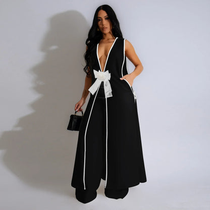Two Piece Set Women Tracksuit Spliced Vest Pant Sets Elegant High Street Work Ankle Length Wide Leg Pants Loose Matching Sets