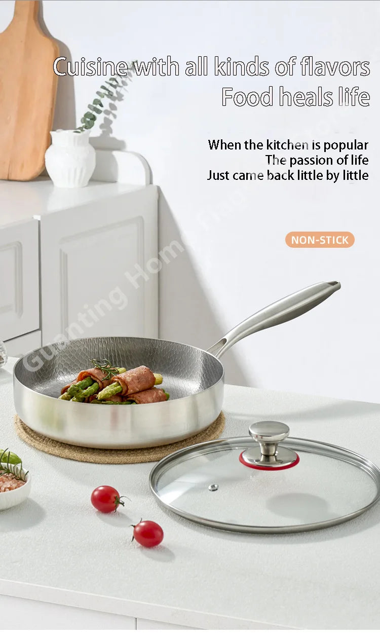Titanium Stainless Steel Frying Pan Nonstick Wok Uncoated Pot Egg Steak Skillet Home Induction Cooker Gas Stove Kitchen Cookware