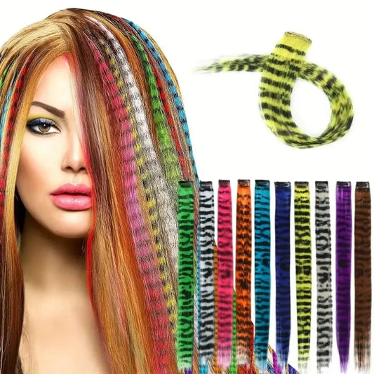 Stripe Printed Clip in Hair Extensions Colorful Synthetic Hair Highlights 18 Inches Straight Wig Hairpieces for Daily Use Party
