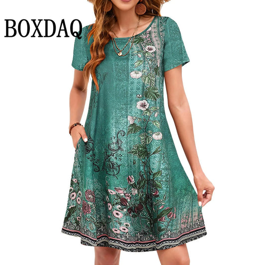 Ethnic Style Printed Women Dress Plus Size 9XL Summer O-Neck Short Sleeve Casual Loose Mini Dress 2025 Vintage 3D Flower Dresses