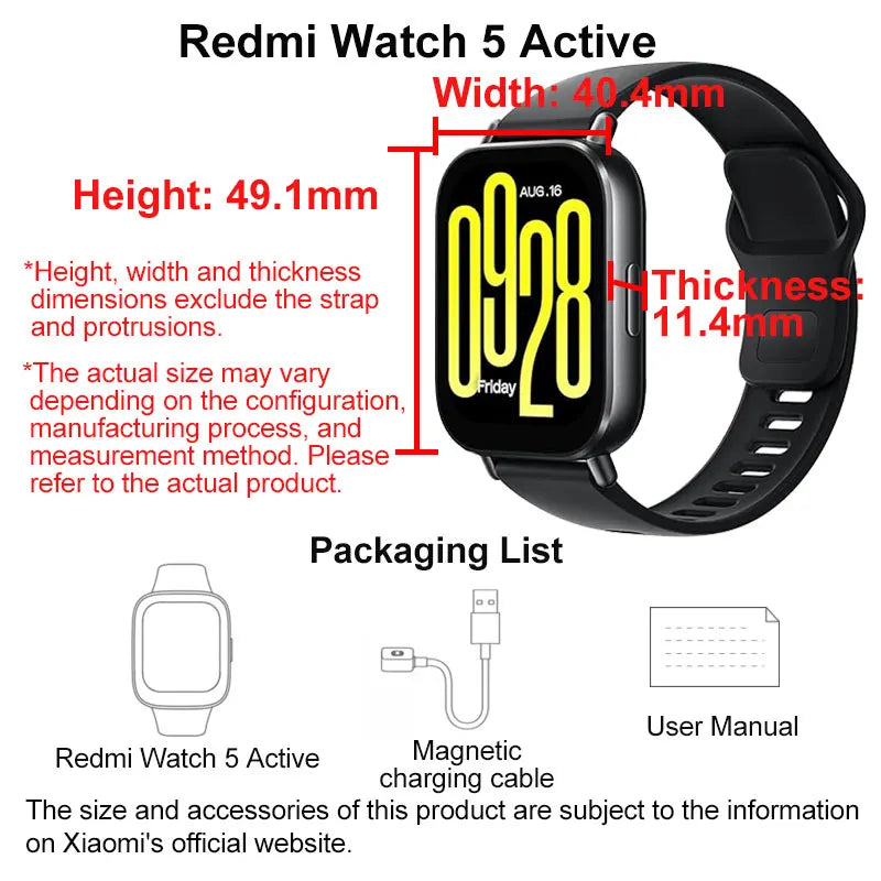 NEW Xiaomi Redmi Watch 5 Active Smart Watch, 2" LCD Display All Day Heart Rate Blood Oxygen Monitoring Bluetooth Call Smartwatch