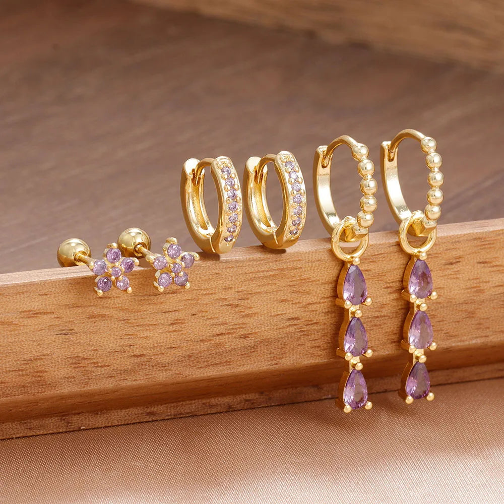 6PCS Cubic Zirconia Stainless Steel 14K Gold Plated Water Drop Earrings Five-Petaled Flowers ear stud For Women Set Jewelry Gift