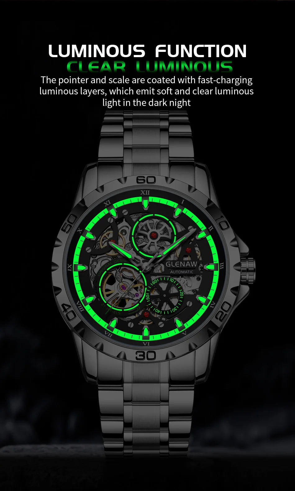 GLENAW Steampunk Skeleton - Reloj para hombre, anillo, relojes mecánicos automáticos de lujo, luminosos, resistentes al agua, correa de acero inoxidable