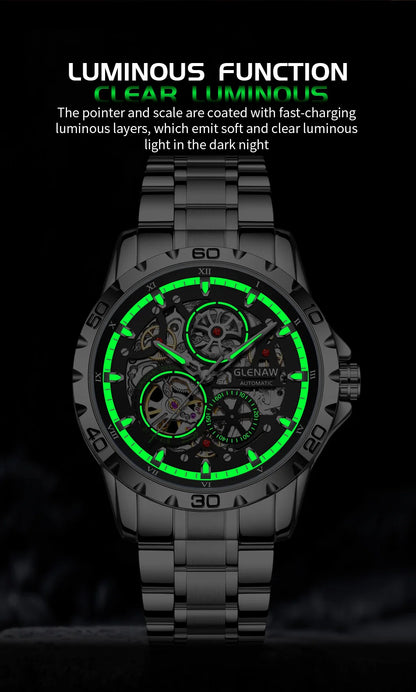 GLENAW Steampunk Skeleton - Reloj para hombre, anillo, relojes mecánicos automáticos de lujo, luminosos, resistentes al agua, correa de acero inoxidable