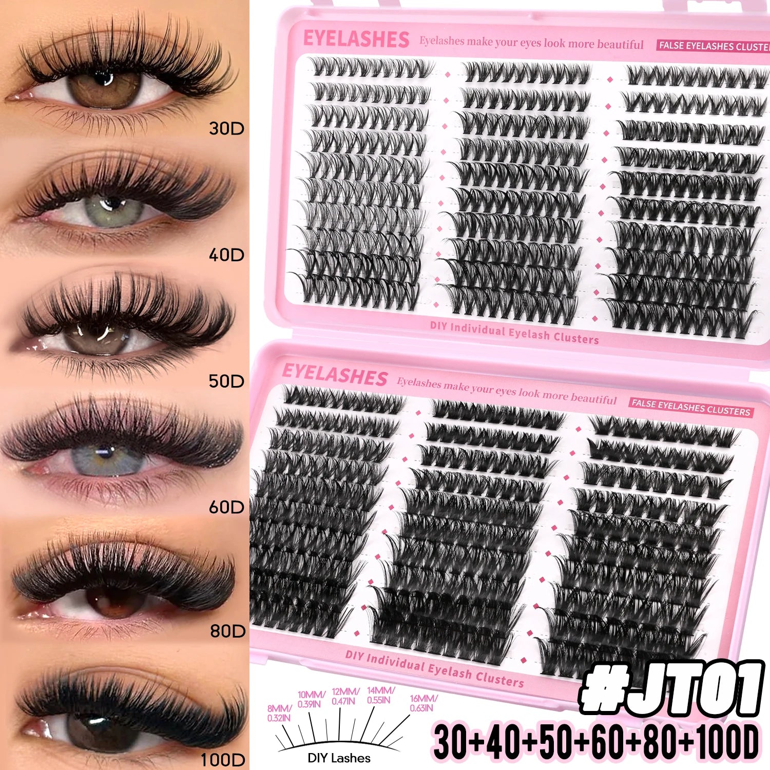 GROINNEYA – Kits de Cílios em Tufo (510 unidades), Curvatura D, 6 Estilos, Tamanhos 8-16mm – Cílios Individuais com Efeito Leve e Natural, Cílios Postiços Macios e Extensões de Cílios