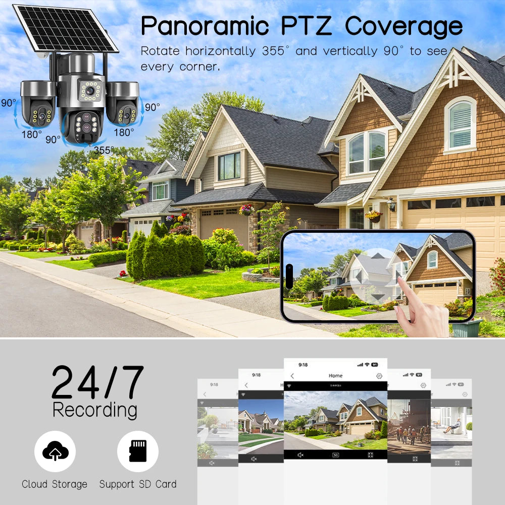 20MP 4G Sim Solar Camera WiFi 10X Optical Zoom 3-PTZ 4-Lens 3-Screens Outdoor Wireless Security Cameras Auto Tracking CCTV V380