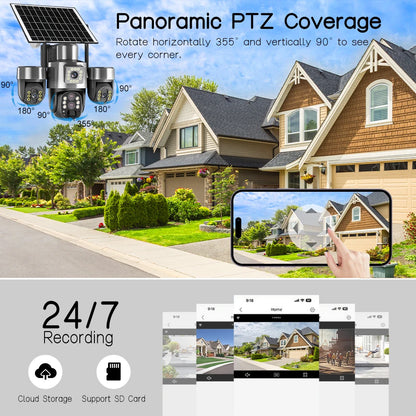 20MP 4G Sim Solar Camera WiFi 10X Optical Zoom 3-PTZ 4-Lens 3-Screens Outdoor Wireless Security Cameras Auto Tracking CCTV V380
