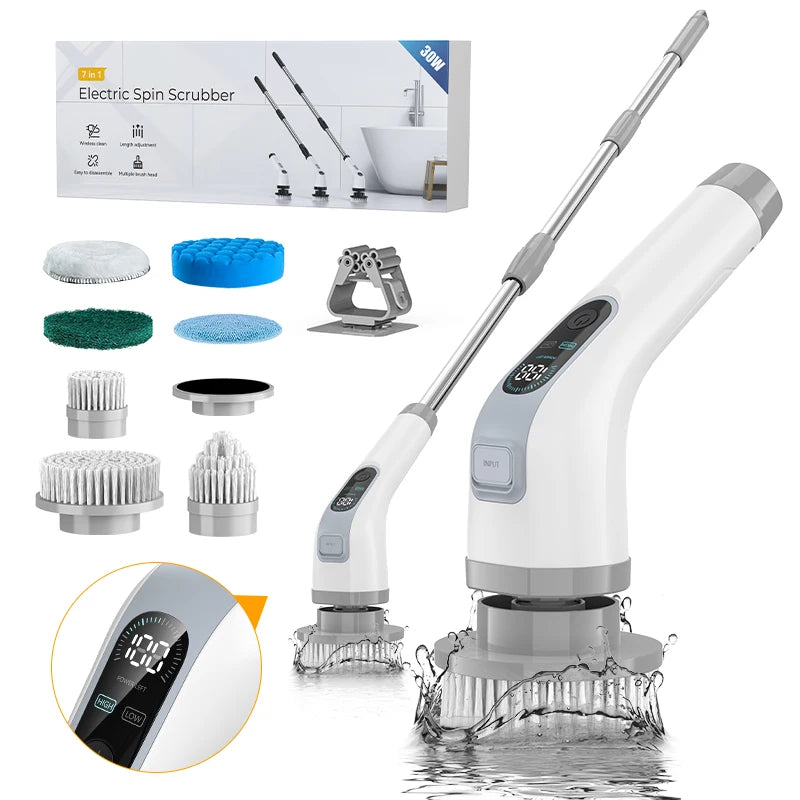 Cepillo de limpieza eléctrico inalámbrico, limpiador giratorio de ducha de mano, multifuncional, con 7 cabezales para baño y cocina. 