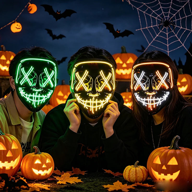 Artigos para Festa de Halloween 2026: Máscara LED Luminosa Estilo "Uma Noite de Crime" (Purge) com Luz Neon EL Sem Fio – Máscara de Rosto Inteiro para Cosplay Adulto (Brilha no Escuro)