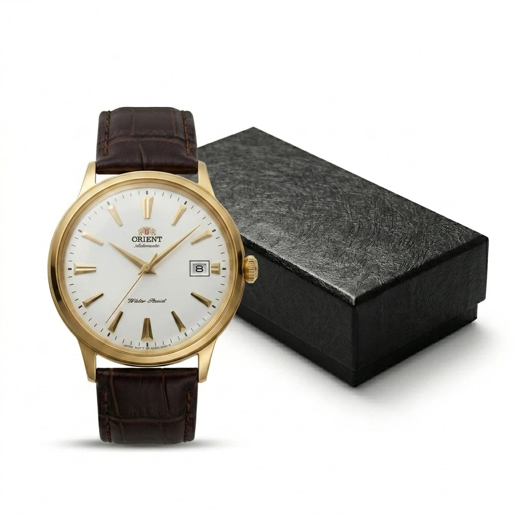 Relógio masculino automático vintage com pulseira de couro caixas dourada