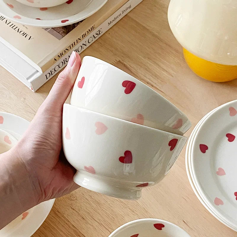 Heart-shaped Ceramic Dinnerware Set, Dinner Plate, Rice Salad Bowl, Coffee Mug, Japanese Love, Warm Gift for Valentine day