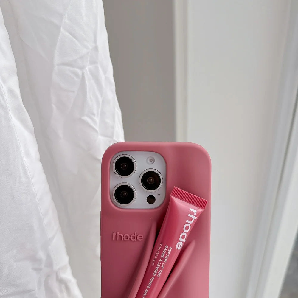Rhode Case For iPhone 12 13 14 15 16 Pro Max Plus 17 Air Portable Lip Gloss Holder Lipstick Silicone Soft Bumper Cover Lip Glaze