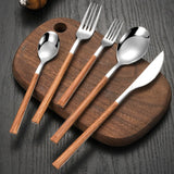Juego de cubiertos con mango de madera de imitación de acero inoxidable, abrazadera para vajilla occidental, cuchillo, tenedor, cuchara de té, 30 Uds.
