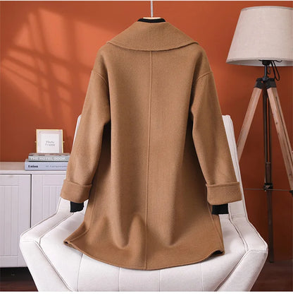 2025 Fashion Large Lapel Horn Button Women's Coat Autumn and Winter New Double-Sided Woolen 100%Pure Wool Warm Coat Large Pocket