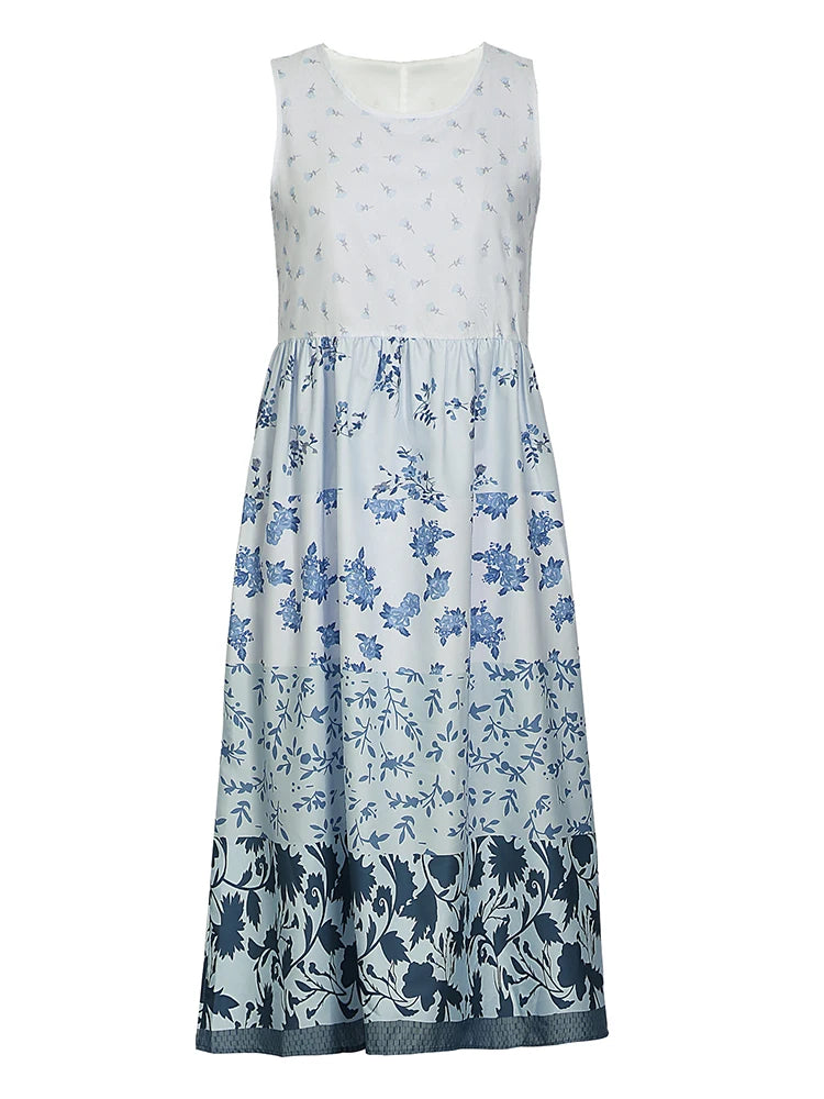 Plus size casual feminino midi vestido 2025 verão novo floral impresso sem mangas pescoço plano a linha boêmio vestidos de praia