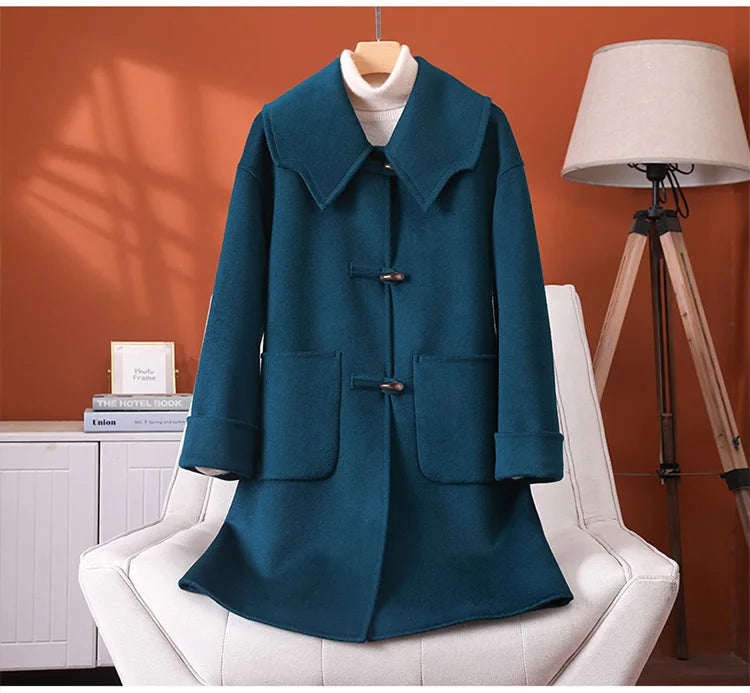 2025 Fashion Large Lapel Horn Button Women's Coat Autumn and Winter New Double-Sided Woolen 100%Pure Wool Warm Coat Large Pocket