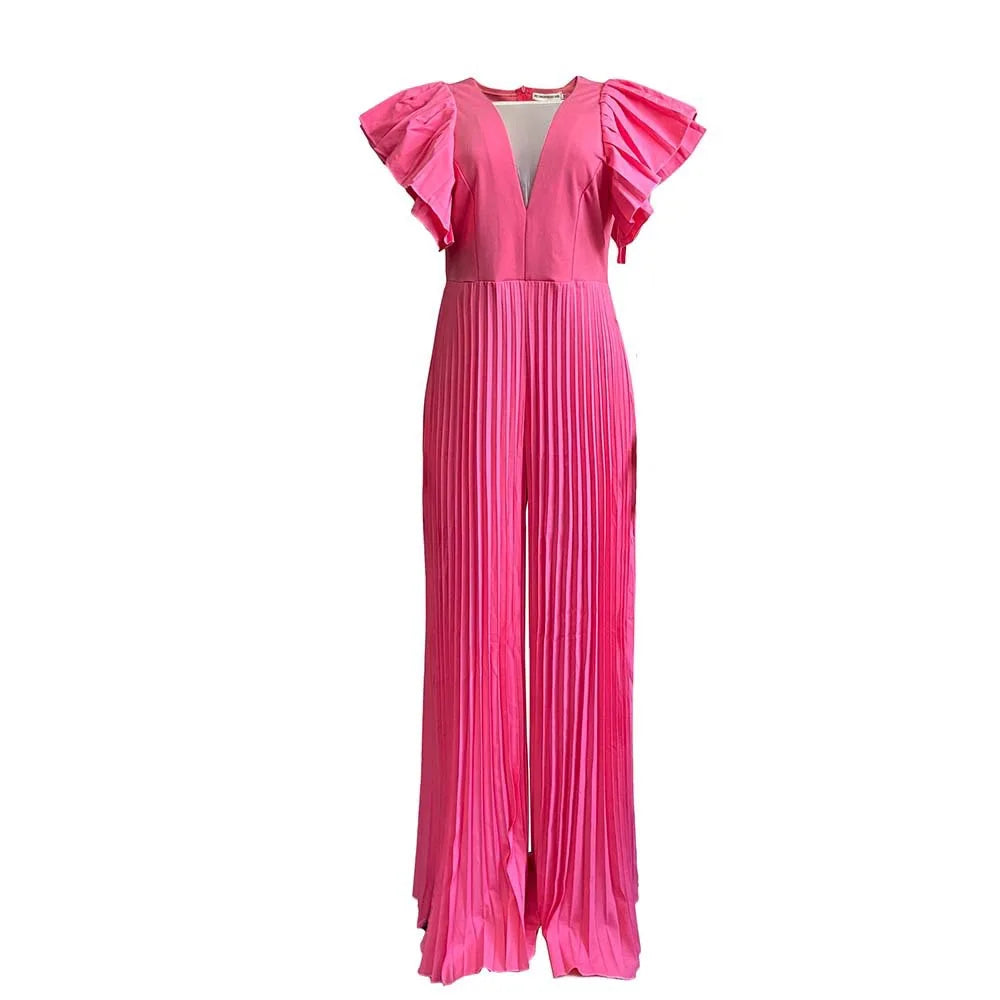 Elegant Pleated Jumpsuits & Rompers for Women V Neck Ruffles High Waisted Loose Floor Length Luxury Female Birthday Party Romper