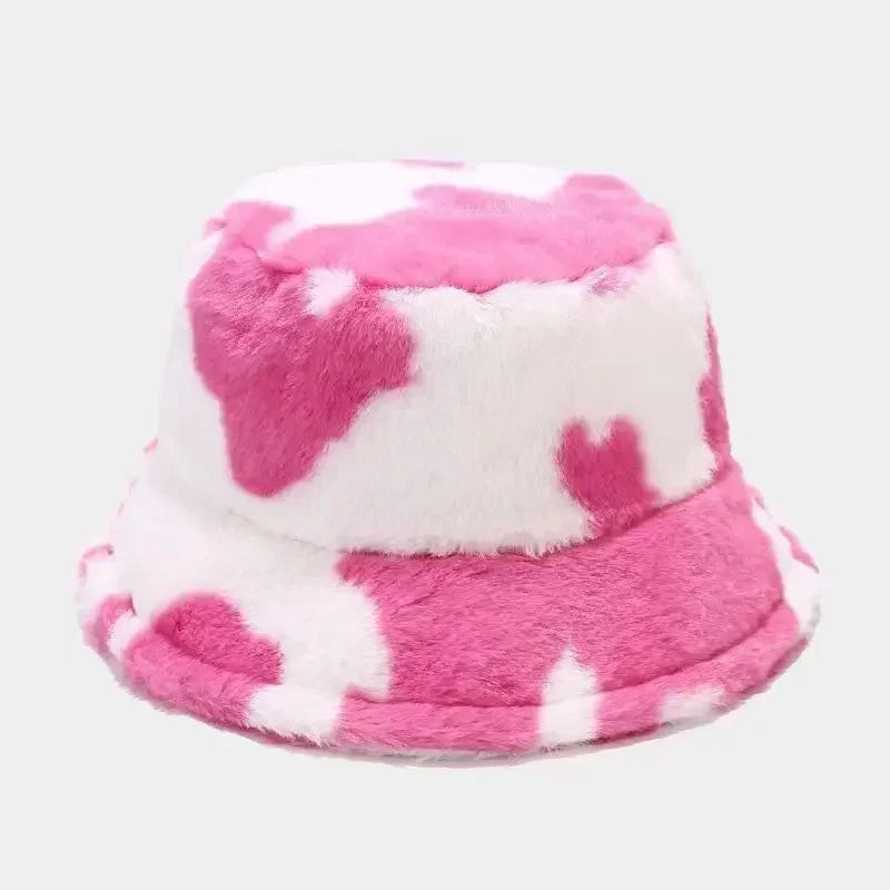 Winter Rabbit Plush Fisherman Hats for Women Girl Bucket Hat Windproof Leopard Soft Faux Fur Wide Brim Lady Women Artist Cap