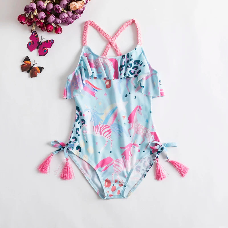 One Piece Girl Swimsuits 1 2 3 4 5 Year Baby Printed Swimwear Summer Beach Bathing Bikini Clothes Kids Bow Seaside Swimming Wear