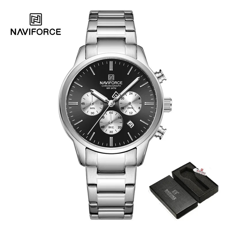 NAVIFORCE NF8076 Sports Watches for Men Stainless Strap Quartz 3ATM Waterproof Shockproof New Fashionable Clock