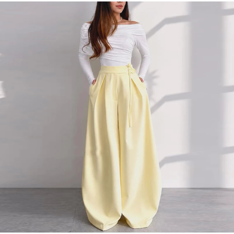 Solid Yellow Pant 2 Piece Set Women's Full Sleeves Buttons Waist-cinching Coats Wide-leg Trousers 2026 New Ladies Autumn Outfit