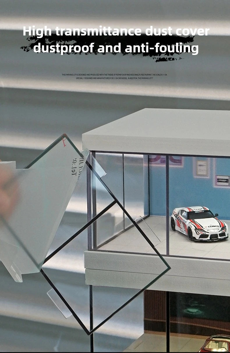 1/64 Simulated Alloy Car Model Showroom for Boy Miniature Acrylic Parking Lot Car Display Stand with Lights Kids Collection Toys