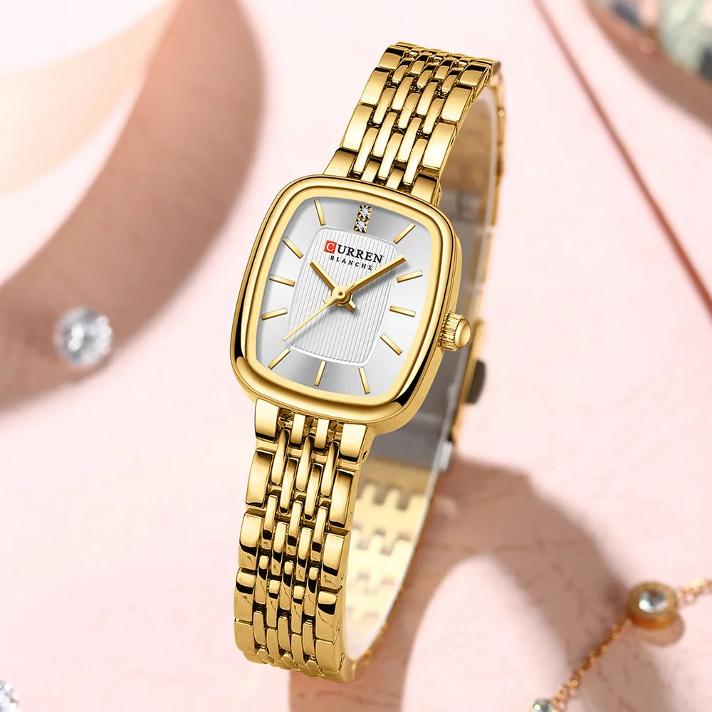 Relógio feminino quadrado dourado em aço inoxidável com calendário