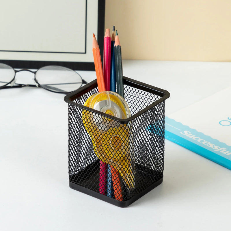MOTARRO 1Pcs Pencil Holder Office Desk Metal Mesh Square Round Pen Pot Cup Case Container Organiser Durable Pencil Case