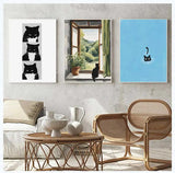 Cute Cats Pop Illustration Prints Canvas Painting Aesthetic Wall Art Pictures Home Room Dec Abstract Black Cat Drawing Poster