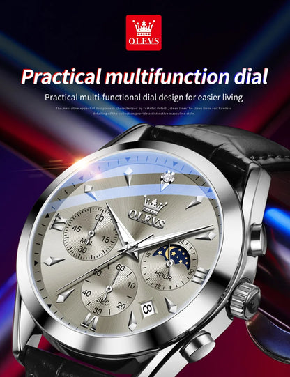OLEVS 3609 Original Moon Phase Chronograph Man Watch Leather Strap Waterproof Luminous Luxury Brand Quartz Wrist Watches for Men