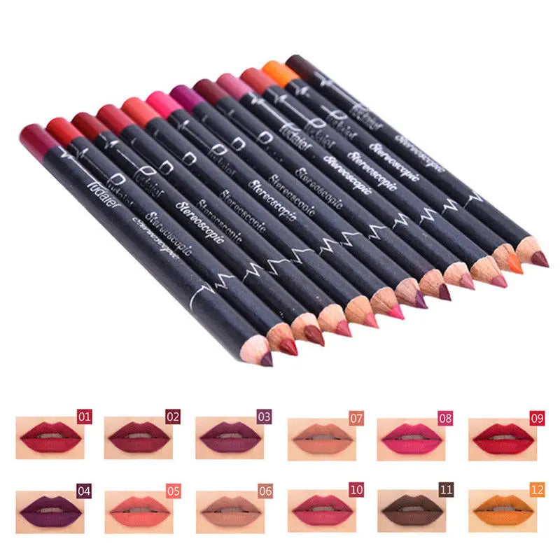 12 Pçs/set Lápis À Prova D' Água Conjunto de Batom Caneta Matte Lip Liner Canetas de Maquiagem de Longa Duração Fácil de Usar Copo Antiaderente Kits de Cosméticos