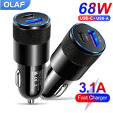 Olaf USB Type-C Car Phone Adapter Fast Charging, Quick Charge 3.0, 68W, PD, iPhone 13, 12, Xiaomi, Huawei, Samsung S21