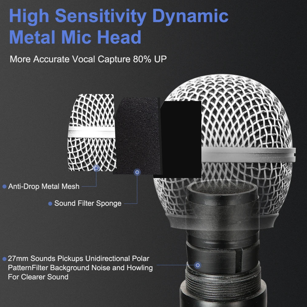 Micrófono dinámico de mano dual inalámbrico UHF para karaoke con receptor recargable para bodas, fiestas, discursos, iglesias y clubes.