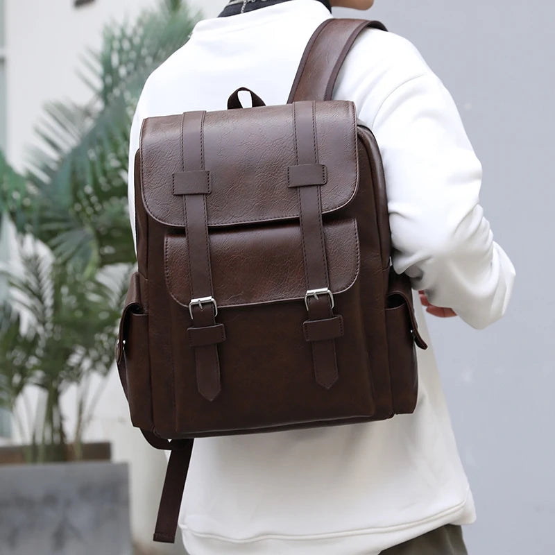 Mochila de piel sintética para hombre, mochila grande para portátil, mochila negra para adolescentes y niños, mochila marrón, 2023
