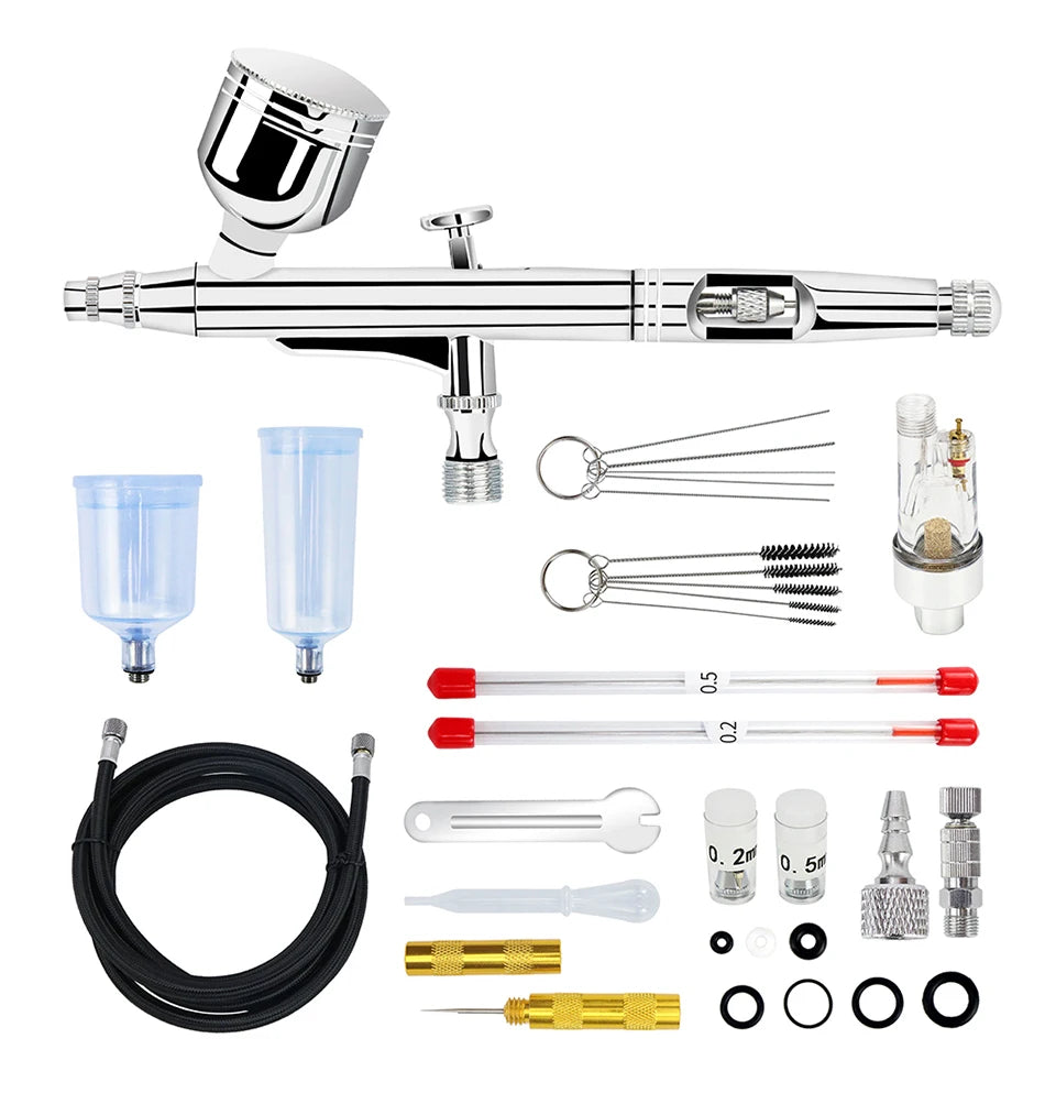 Dual-Action Gravity Airbrush Kit, 0.2/0.3/0.5mm Needles 7/20/40cc Cups Cleaning Tools for Makeup Nail Art Painting Car Detailing