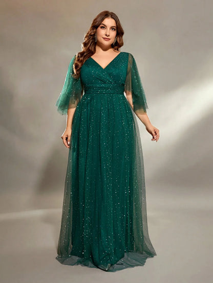 Vestido de noche Mgiacy de talla grande con escote en V, pliegues cruzados en el pecho, manga larga irregular, falda larga de red y una sola capa, vestido de fiesta de graduación 
