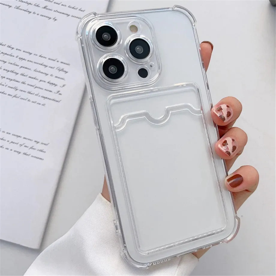 Funda transparente con ranura para tarjetas para iPhone 16, 15, 14, 13, 12, 11 Pro Max, Mini, X, XR, 7, 8 Plus, funda suave a prueba de golpes