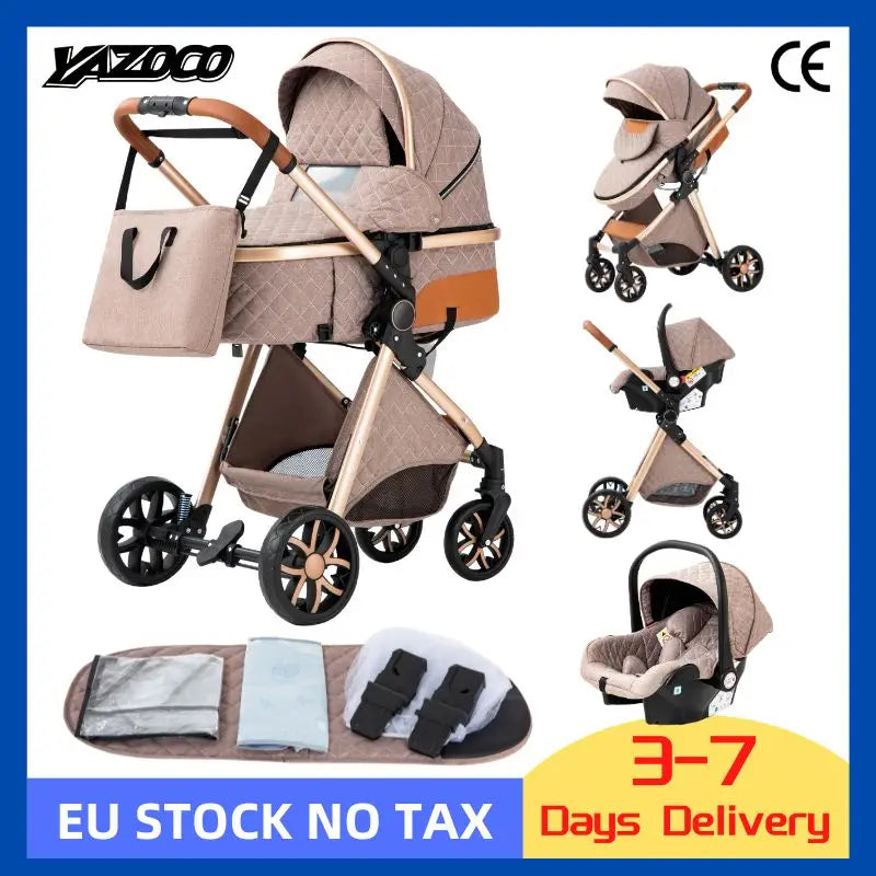 Luxurious Baby Stroller 3 in 1 Portable Travel Baby Carriage Folding Prams High Landscape Aluminum Frame Car for Newborn Baby
