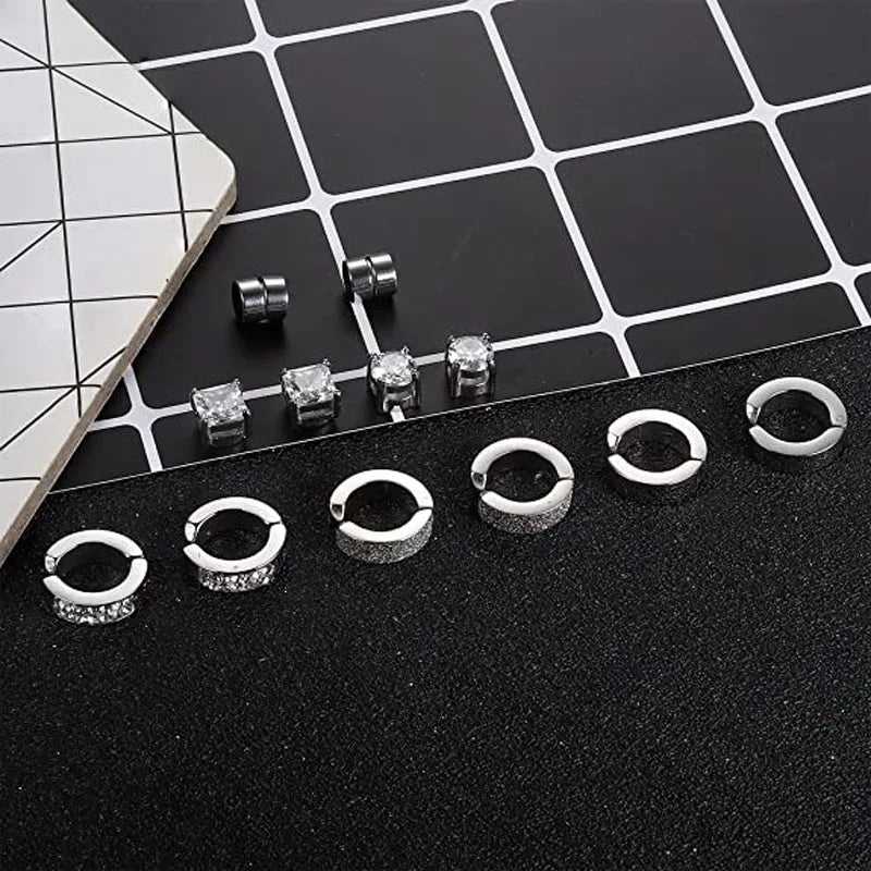 1 par/6 pares de brincos magnéticos de aço inoxidável para homens e mulheres, brincos de argola com clipe em aço sem piercing CZ para todas as idades