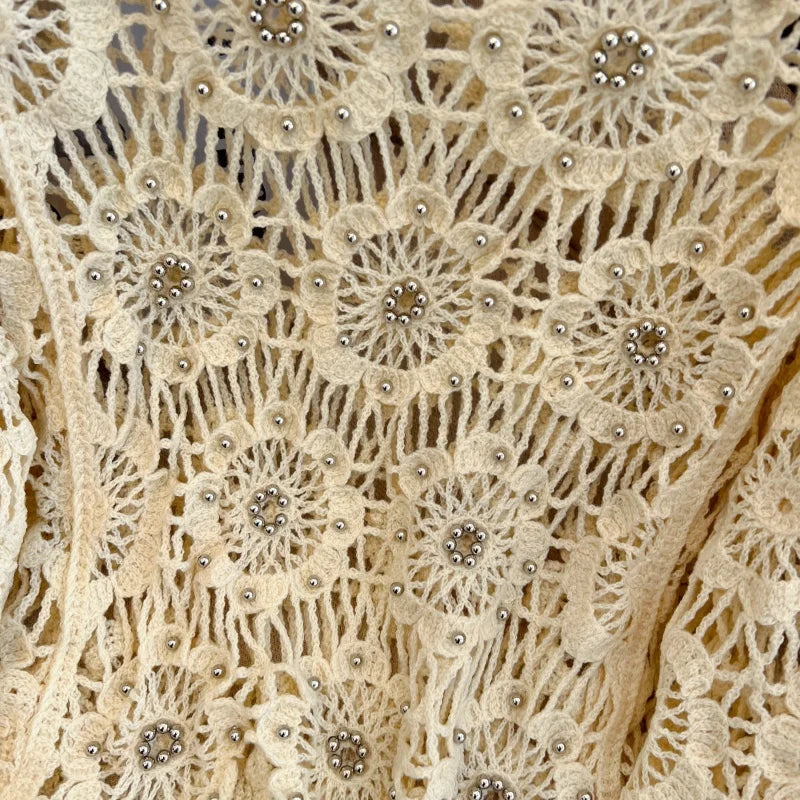 Casual Long Sleeve Elegant cardigan Beading O-neck Chic Vintage Hook Flower Hollow Out Top Plus Size Clothing