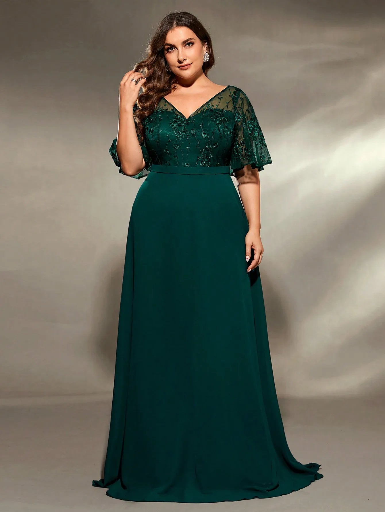 Mgiacy plus size V-neck See-through trumpet sleeve embroidered chiffon full skirt Evening gown Ball dress Party dress