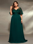 Mgiacy plus size V-neck See-through trumpet sleeve embroidered chiffon full skirt Evening gown Ball dress Party dress