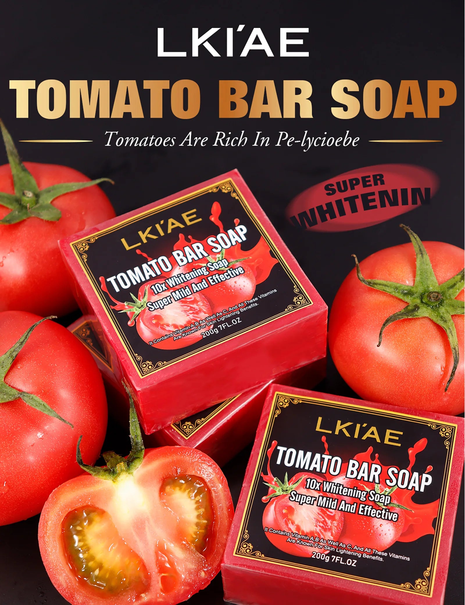 LKIAE Brand Tomato Fruit Scented Handmade Natural Bar Soap, For Face, Body, Whitening, Oil Control, Brightens, Shrinks Pores, 200g