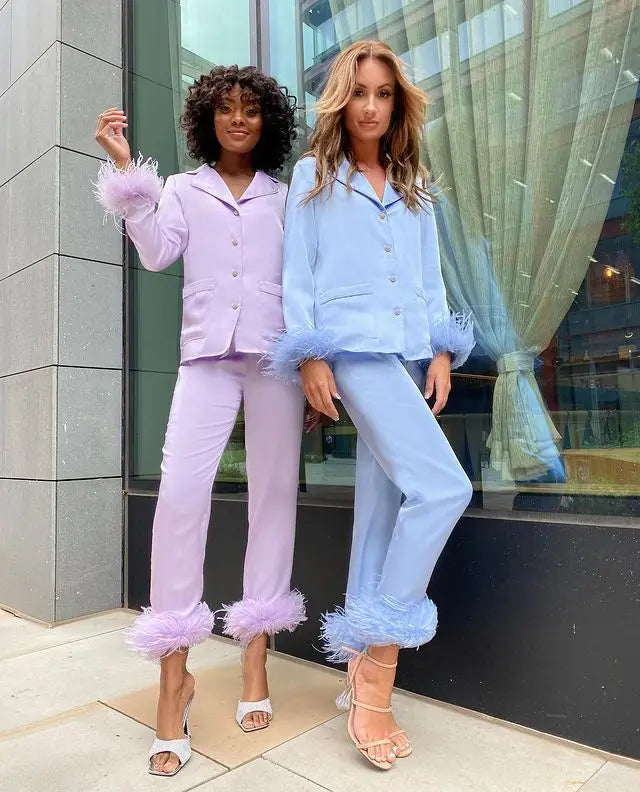 Women's Solid Color Suit Lapel Top Feather Pants Two-Piece Pajama Set 2024