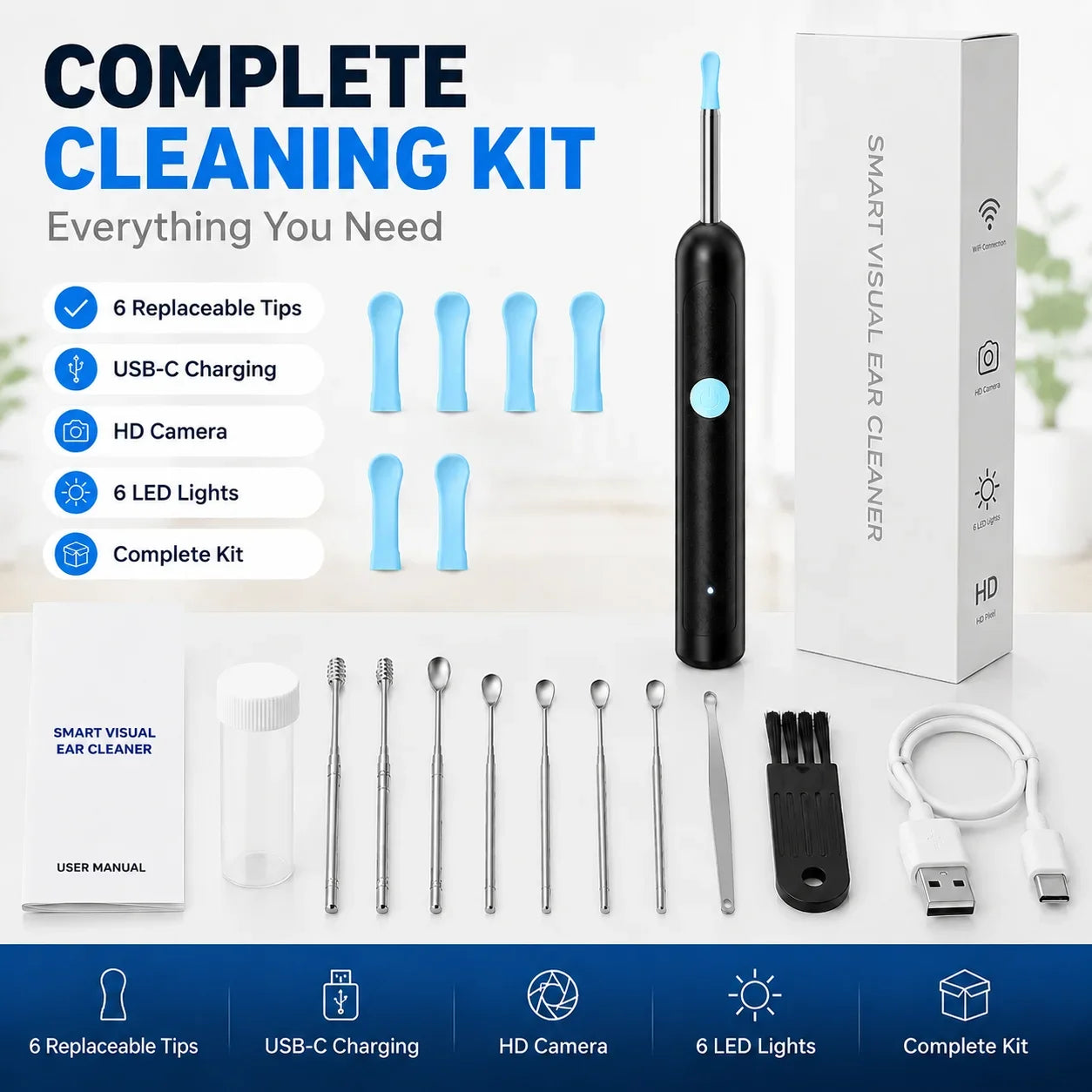 Smart Visual Ear Wax Remover with 1080P HD Camera, USB C Rechargeable Ear Cleaner, Waterproof Ear Scope Otoscope, Safe Ear Wax R