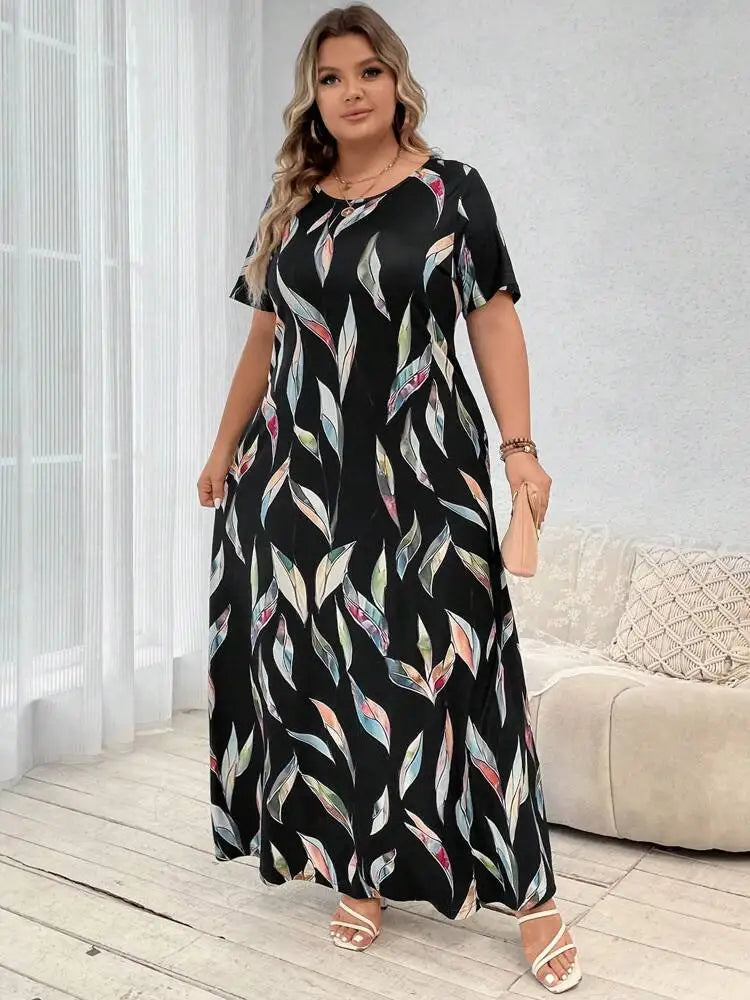 2024 primavera/verão nova moda feminina manga curta plus size impresso pena vestido tamanho grande
