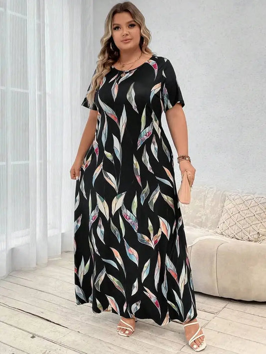 2024 primavera/verão nova moda feminina manga curta plus size impresso pena vestido tamanho grande
