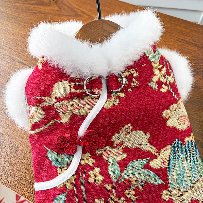 New Year Autumn Winter Double Layer Fleece Pet Clothes Chinese Style Jade Rabbit Design Warm Coat for Dogs Cats Festive Holiday