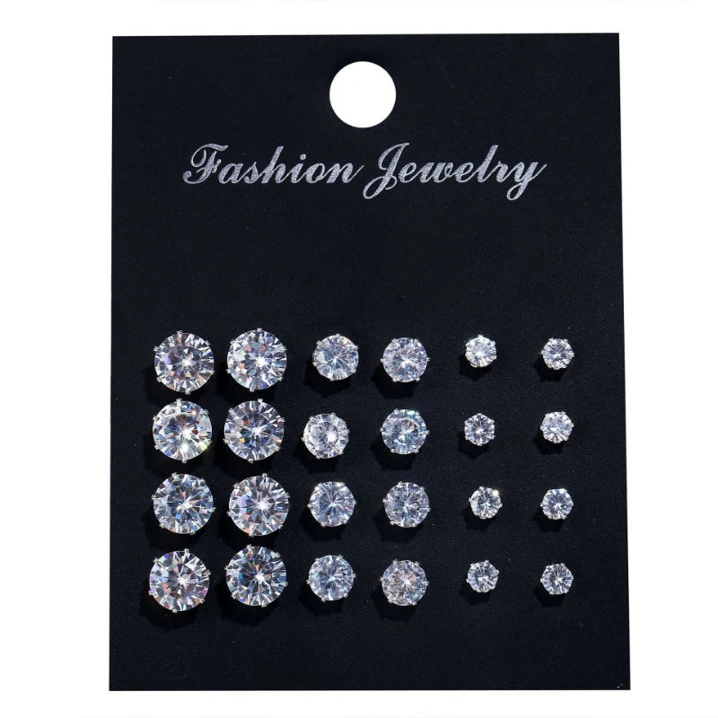 Shiny White Wedding Stud Earrings Set for Men and Women, Crystal Jewelry Accessories, Oorbellen, 12 Pairs per Lot