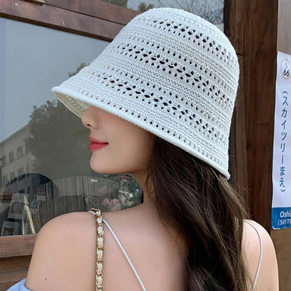 Hollow Out Crochet Sun Hat Wide Brim Bucket Hat Knitted Fisherman Hat Foldable Visor Small Fresh Simple Outdoor Casual Beach Cap